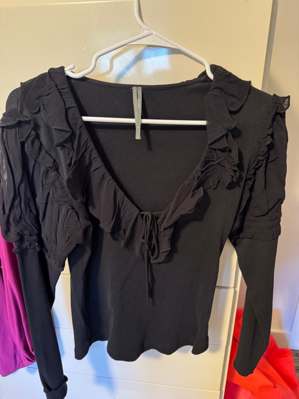 Anthropologie Black Ruffled Long-Sleeve Top